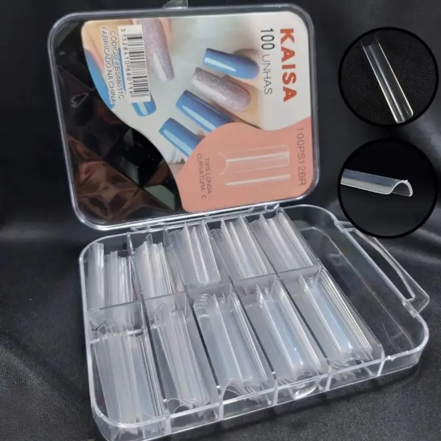 Tips Curvatura C Extra Longa Transparente/Natural – 100 Unidades